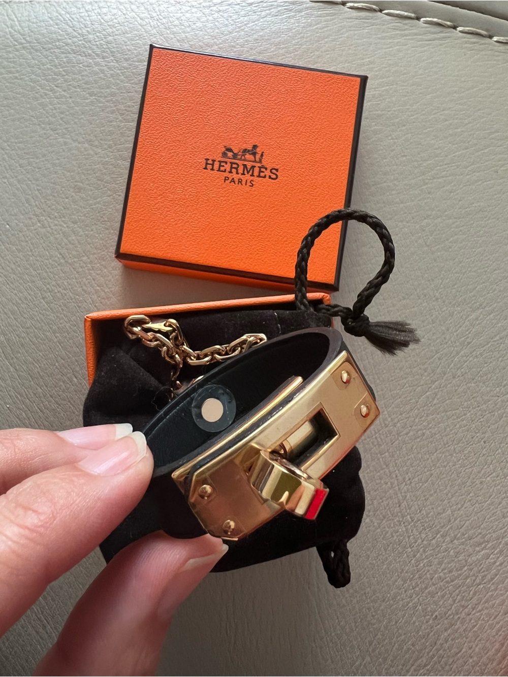 Hermes Black Leather Bracelet with Gold Hardware